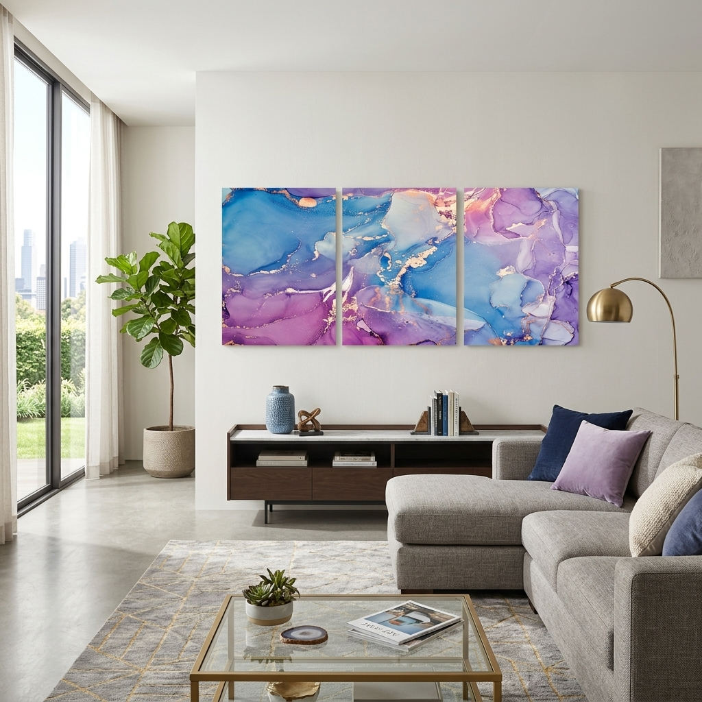 Modularer lila-blauer abstrakter mehrteiliger Kunstdruck auf Leinwand