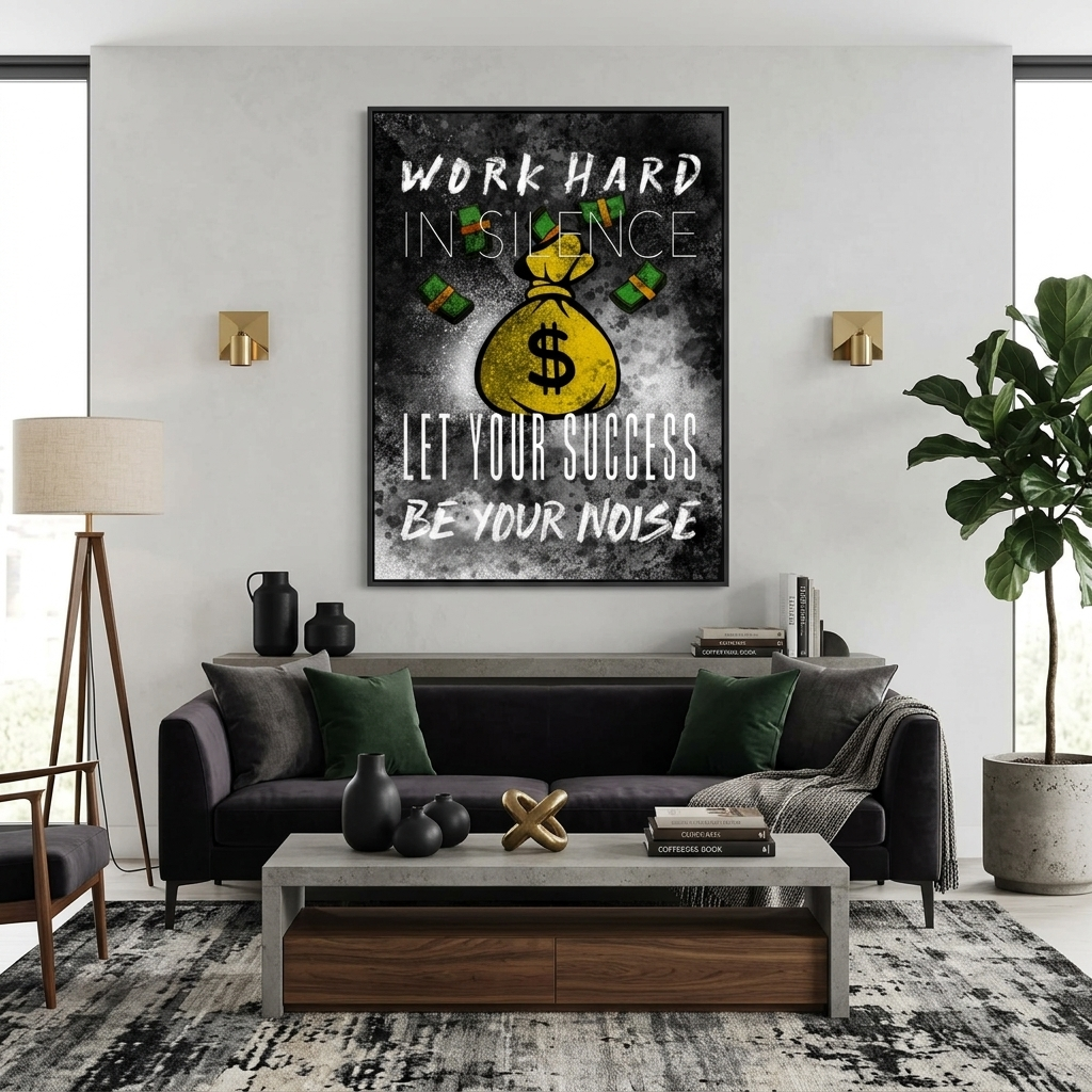 Zur Motivation Tasche mit Geld Arbeite hart in der Stille Motivierender Leinwand-Kunstdruck