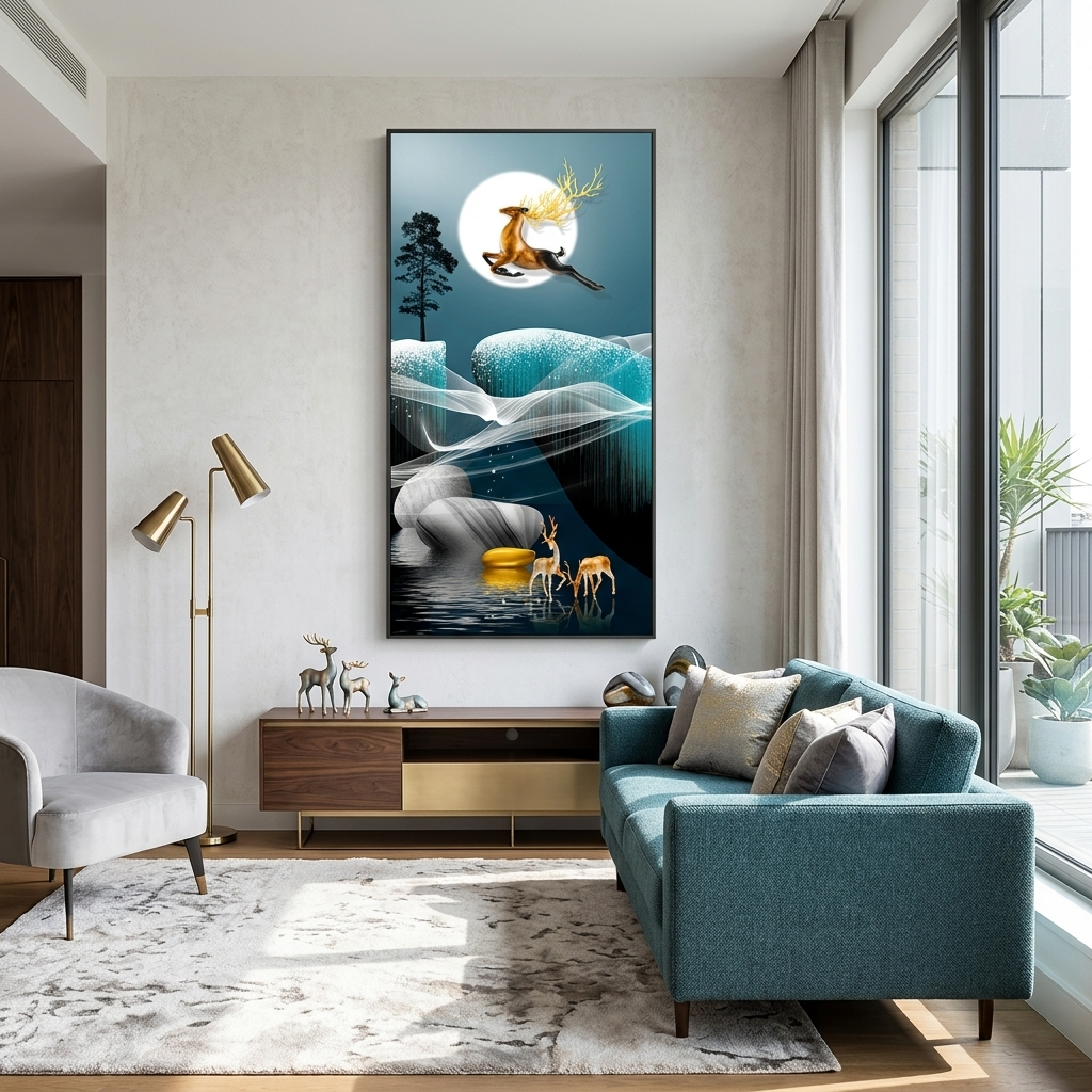 Leinwandbild „Drei Hirsche, Mond und Baum“, abstrakt, Wandbild