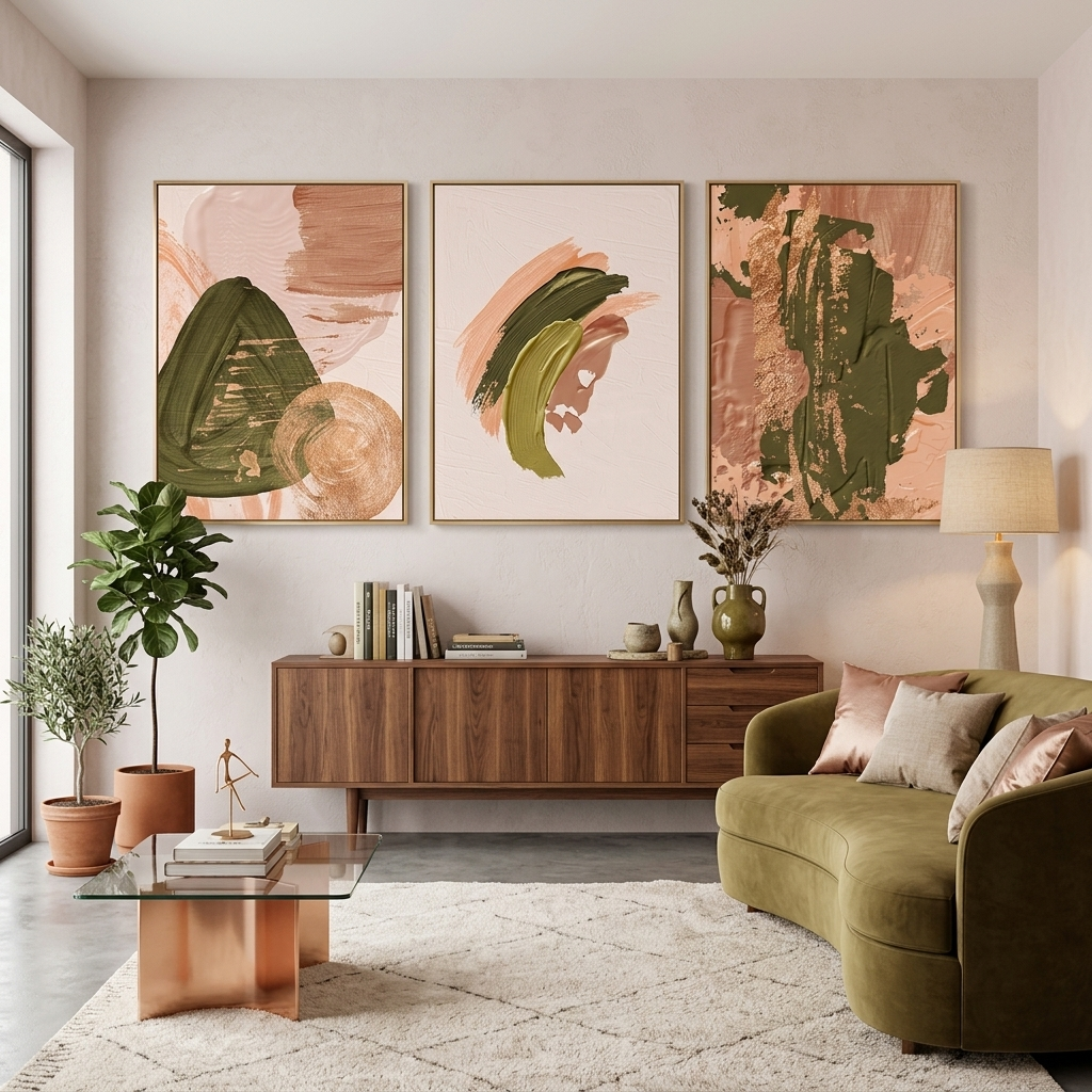 Modularer abstrakter Kunstdruck auf Leinwand, mehrere Teile, pudergrün