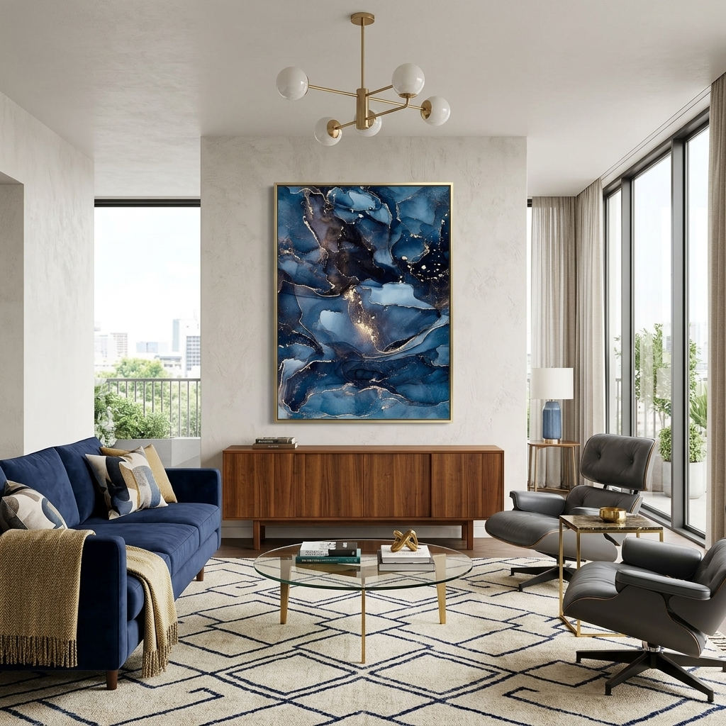 Marineblauer abstrakter Kunstdruck auf Leinwand mit goldener Abstraktion