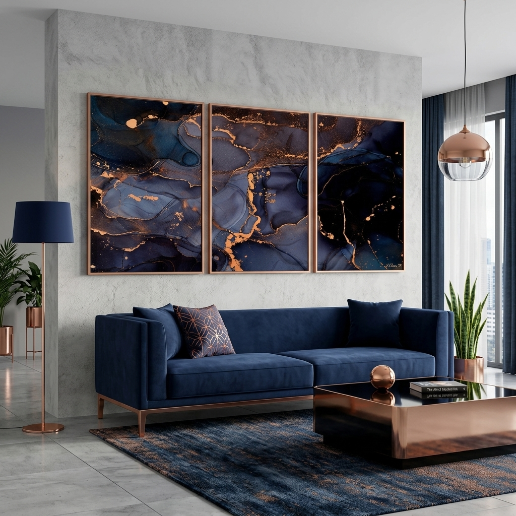Modular abstract in blue with gold elements Multi Panel Canvas Wall Art Print