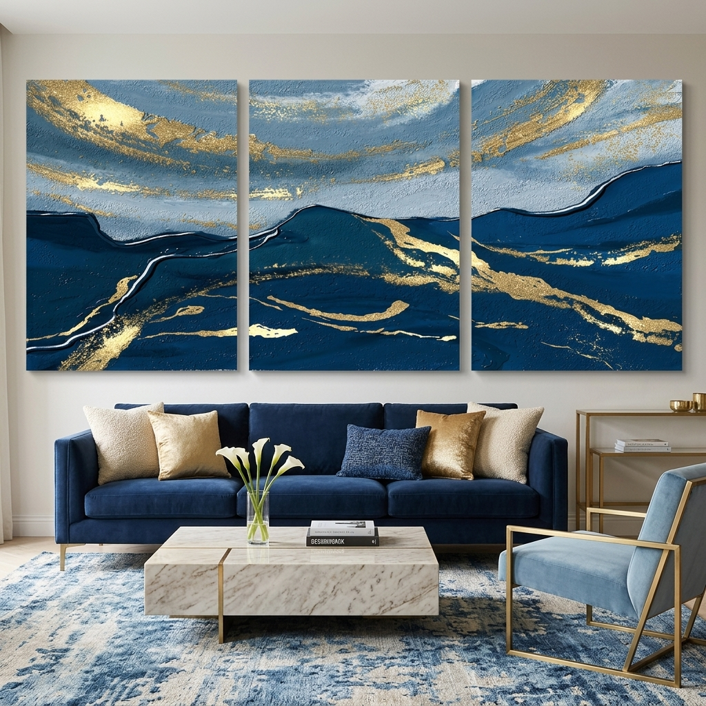 Modularer, abstrakter, tiefblauer, mehrteiliger Kunstdruck auf Leinwand