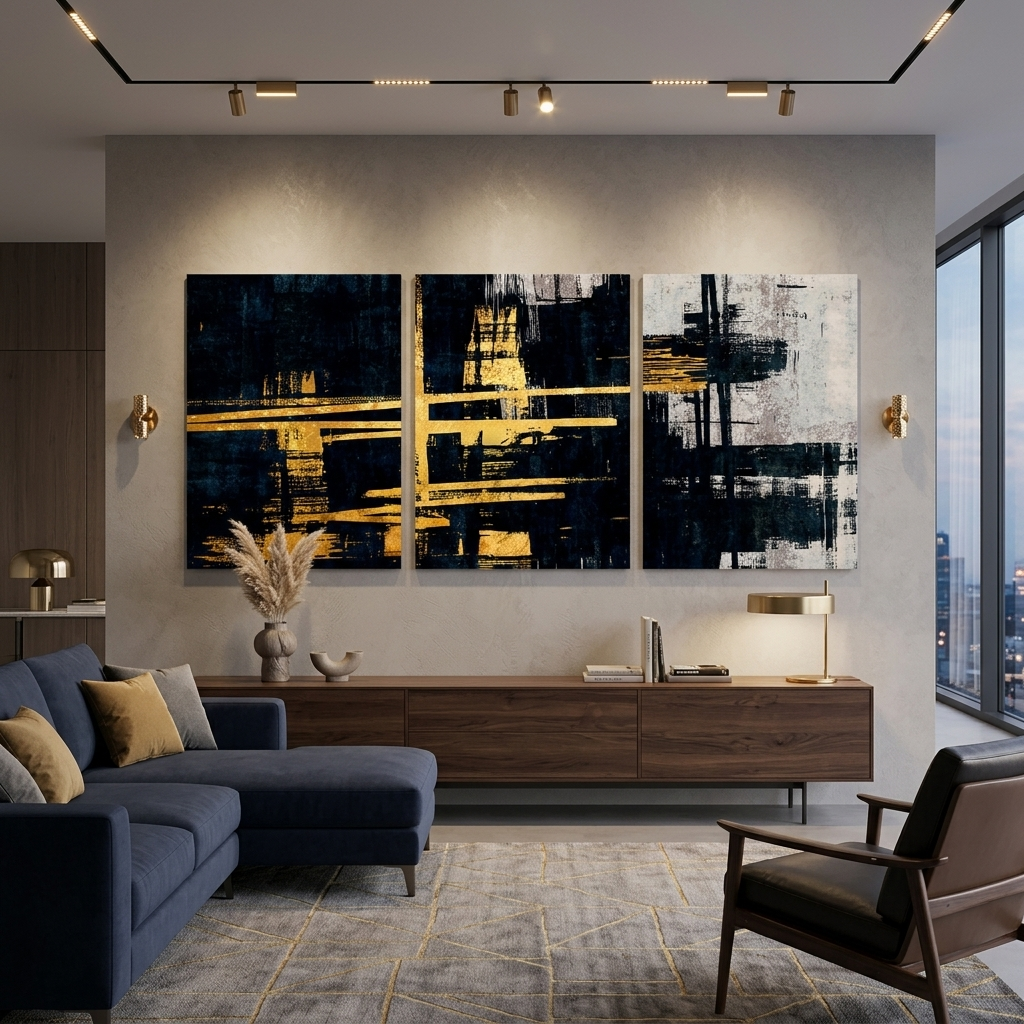 Modularer Kunstdruck auf Leinwand, abstrakt in Gold und Blau mit Grautönen, mehrere Teile