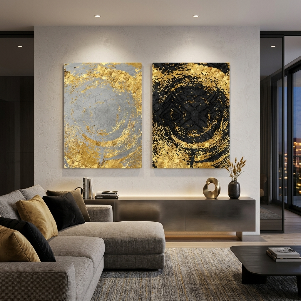 Modularer abstrakter Kunstdruck auf mehrteiliger Leinwand in Schwarz, Gold und Grau
