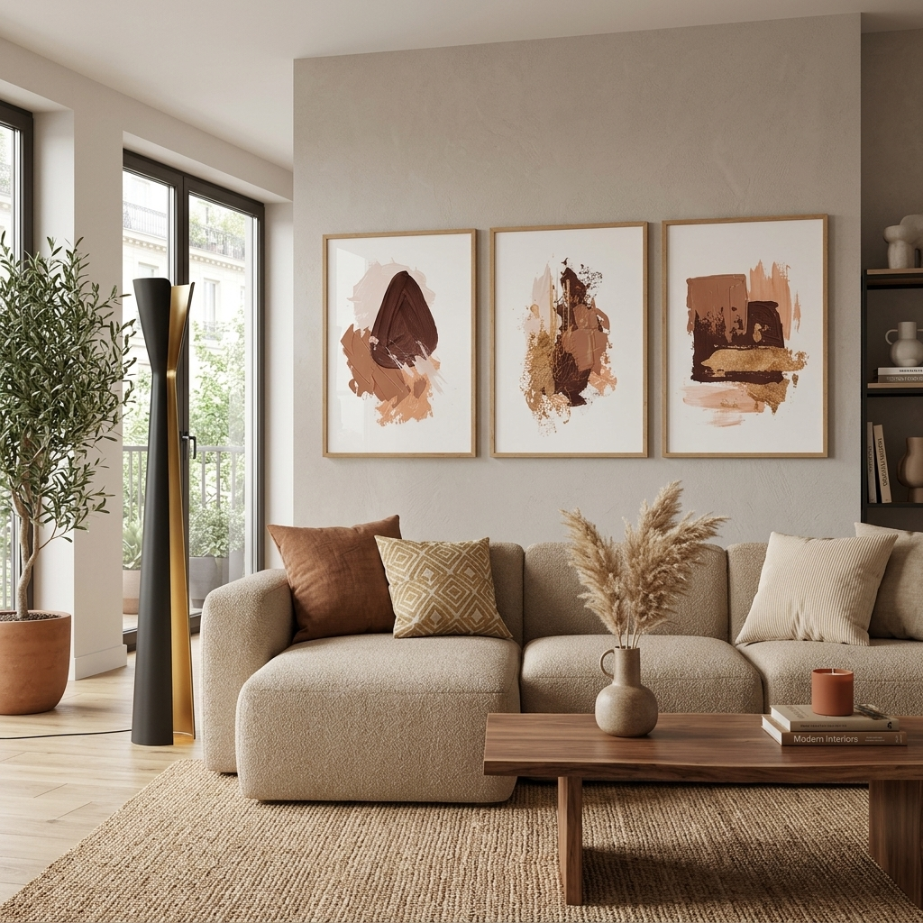 Modularer Kunstdruck auf Leinwand, mehrteilig, mit braun-beigen Strichen
