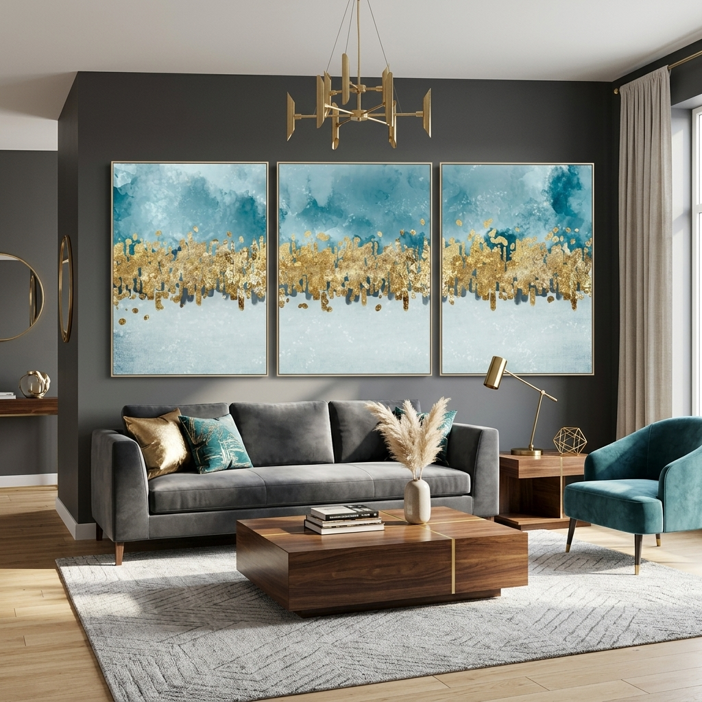 Modularer blau-grauer abstrakter Kunstdruck mit goldenen Elementen, mehrere Teile auf Leinwand