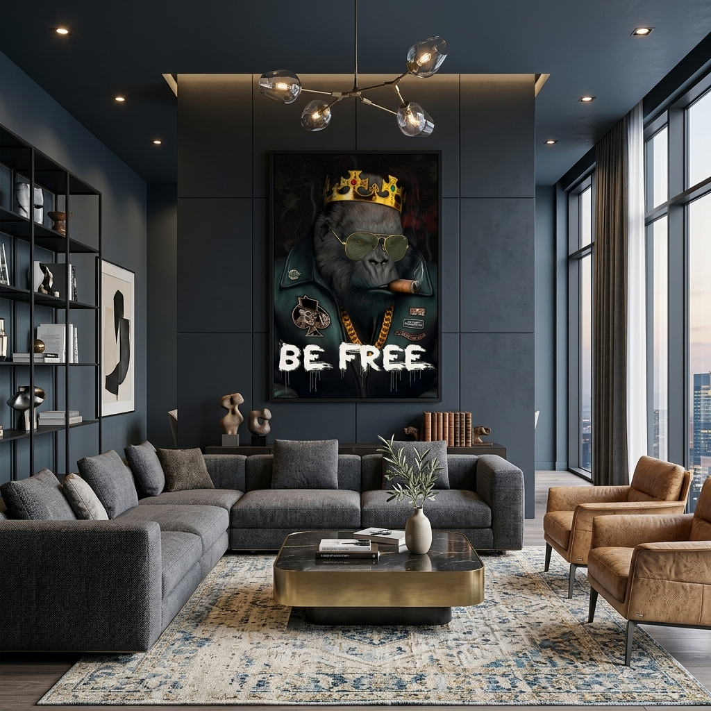 Schwarzer Affe in einer goldenen Krone Be free Motivierender Leinwand-Kunstdruck