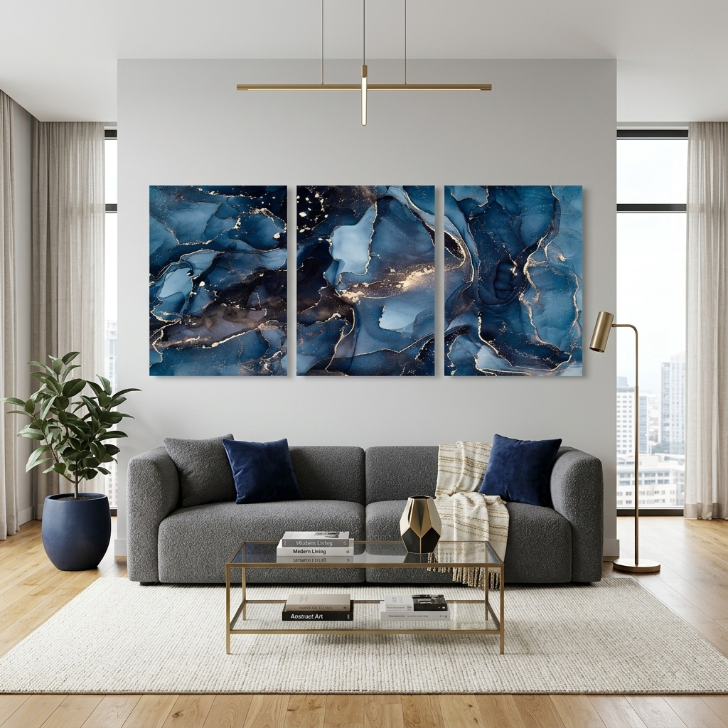 Modulare Abstraktion in Blau- und Goldtönen, mehrteiliger Kunstdruck auf Leinwand