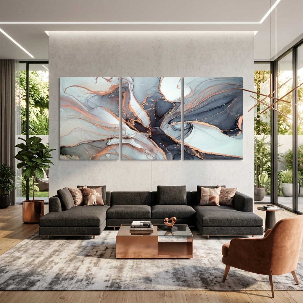 Modularer abstrakter mehrteiliger Kunstdruck auf Leinwand in Pudergrau