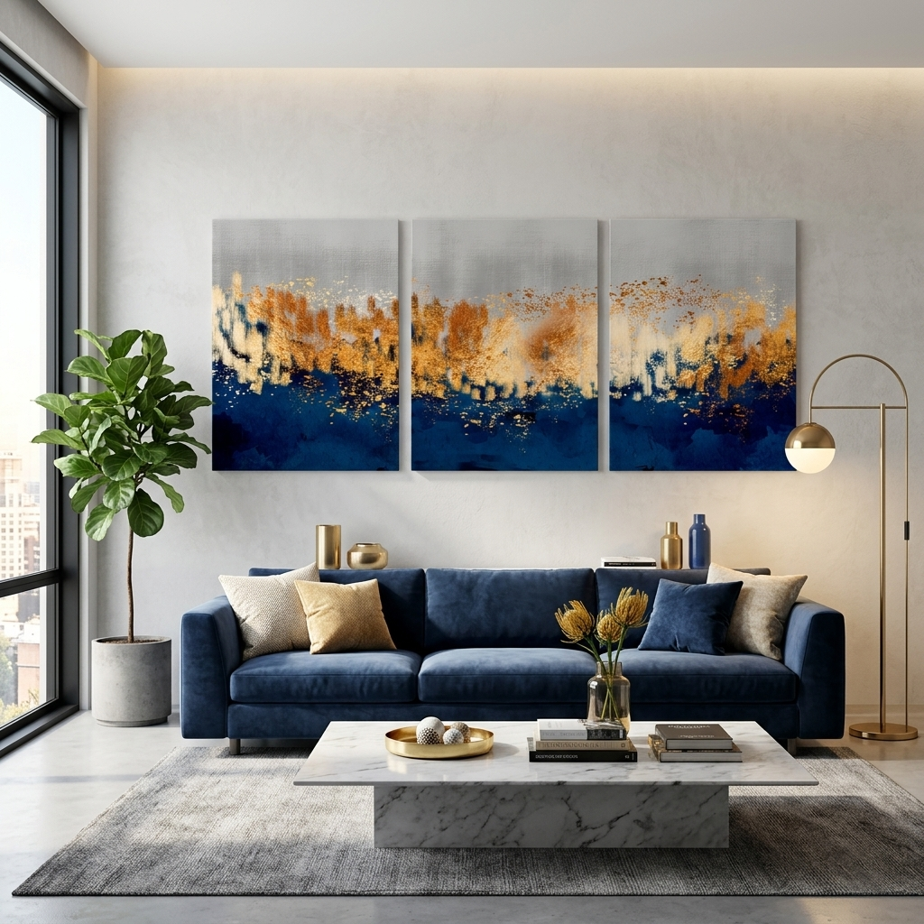Modularer, grau-goldener abstrakter Kunstdruck mit blauen Elementen, mehrere Teile auf Leinwand