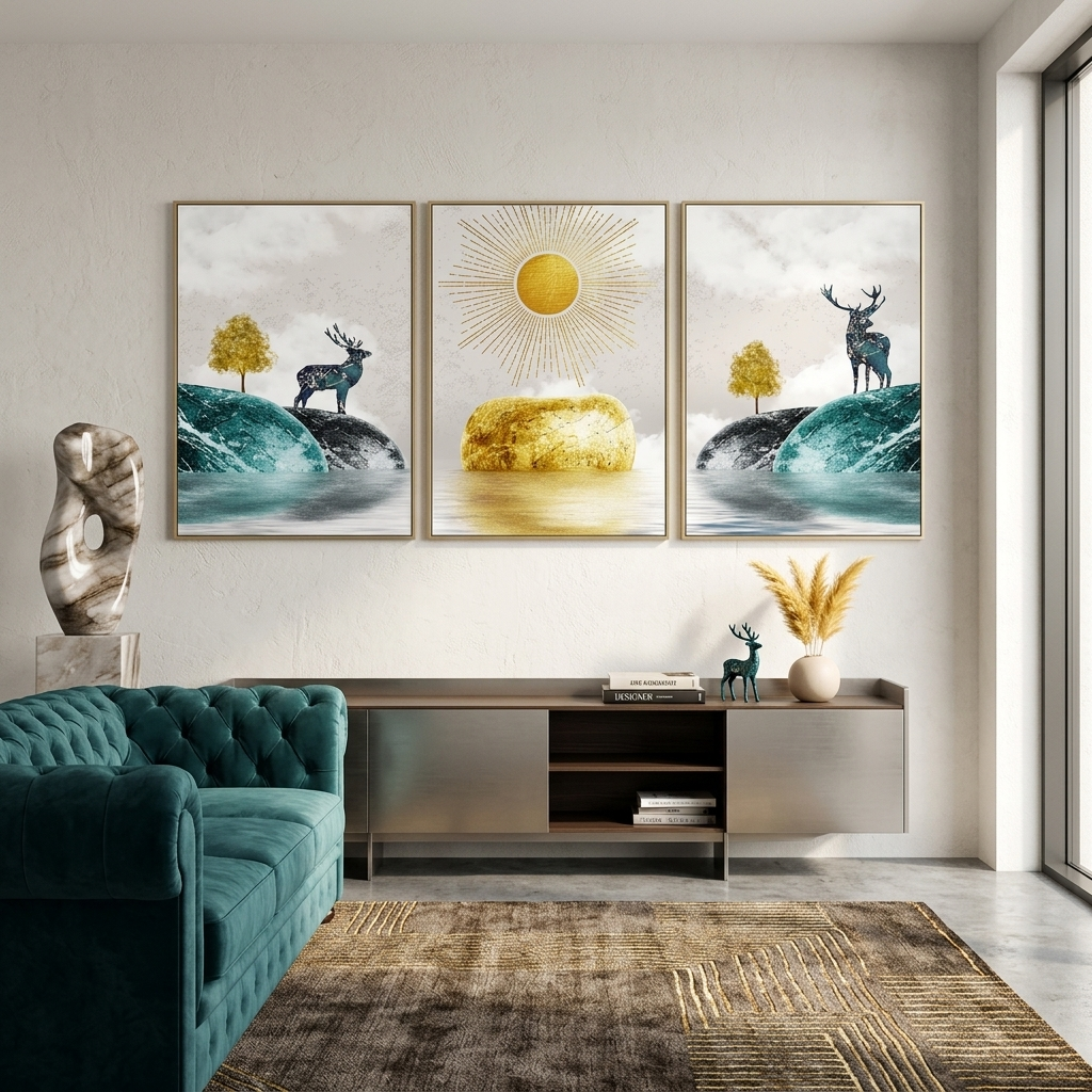 Mehrteiliger Kunstdruck auf Leinwand, Sonne zwischen zwei Hügeln