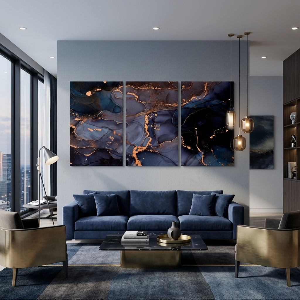 Modular abstract in blue with gold elements Multi Panel Canvas Wall Art Print
