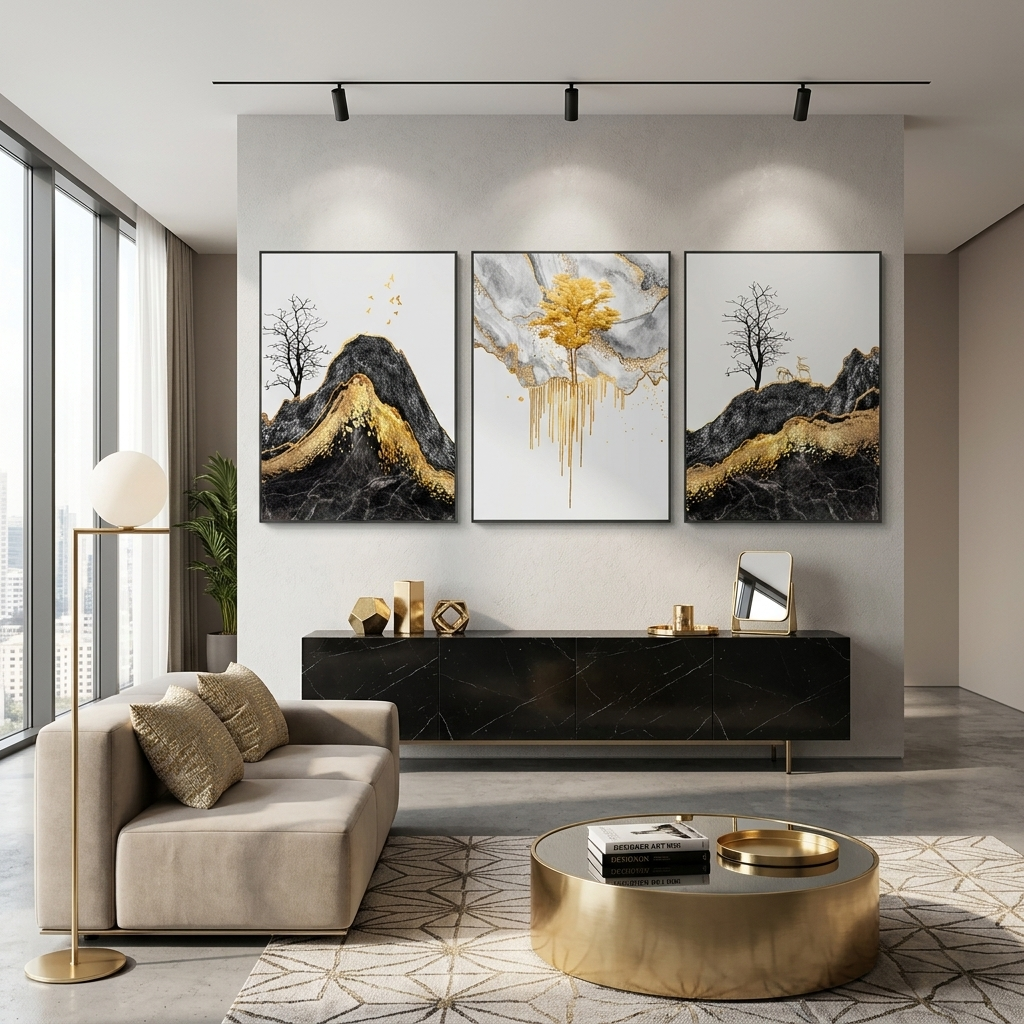 Modulares abstraktes Bild mit kräftiger goldener Farbe. Mehrteiliger Kunstdruck auf Leinwand.