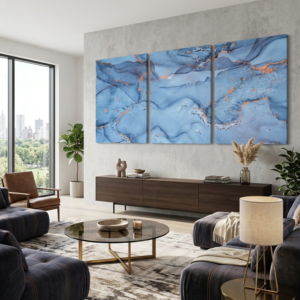 Modularer abstrakter Kunstdruck auf mehrteiliger Leinwand in Blau