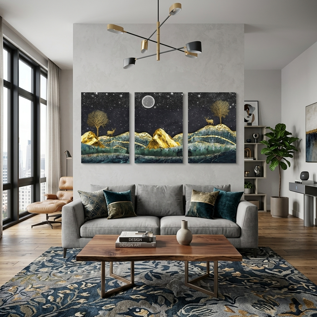 Mehrteiliger Kunstdruck auf Leinwand, Goldener Hirsch auf dem Hintergrund des Sternenhimmels