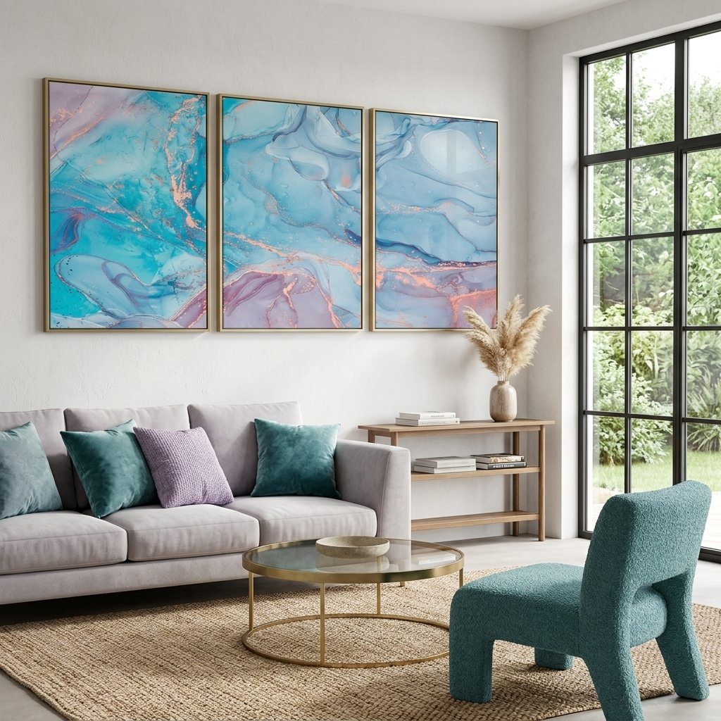 Modularer, abstrakter, puderblauer Kunstdruck auf Leinwand, mehrere Teile