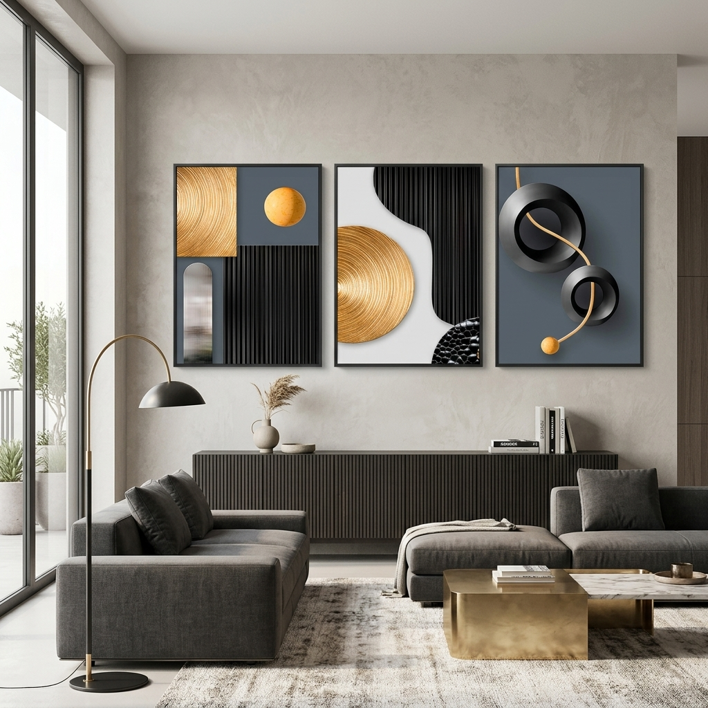 Modularer Kunstdruck auf Leinwand, grau-goldene Figuren mit schwarzen Elementen, mehrere Teile