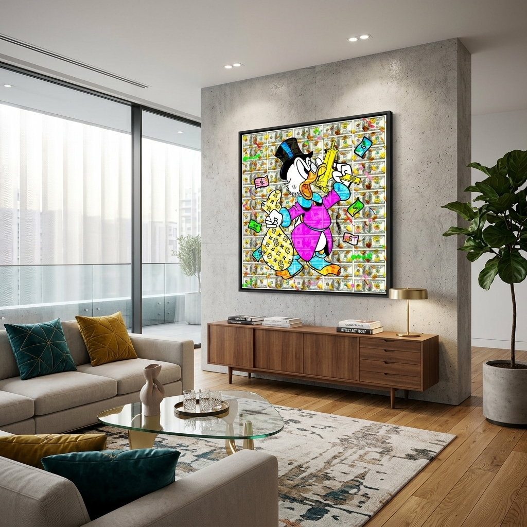 Dagobert Duck mit einem Sack voll Geld und einer Pistole – Inspirierender Kunstdruck auf Leinwand
