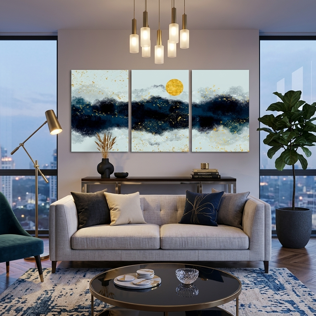 Modularer dreiteiliger grau-blauer abstrakter Multi-Panel-Leinwand-Wand-Kunstdruck