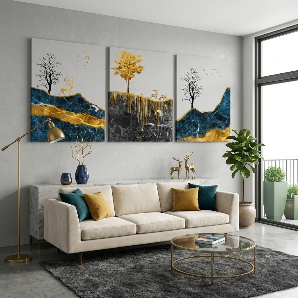 Modularer abstrakter Hirschgang mit ausgeprägter goldener Farbe, mehrteiliger Kunstdruck auf Leinwand