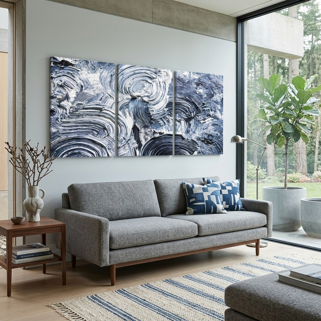 Mehrteiliger Kunstdruck auf Leinwand, Blaue Striche auf weißer Farbe