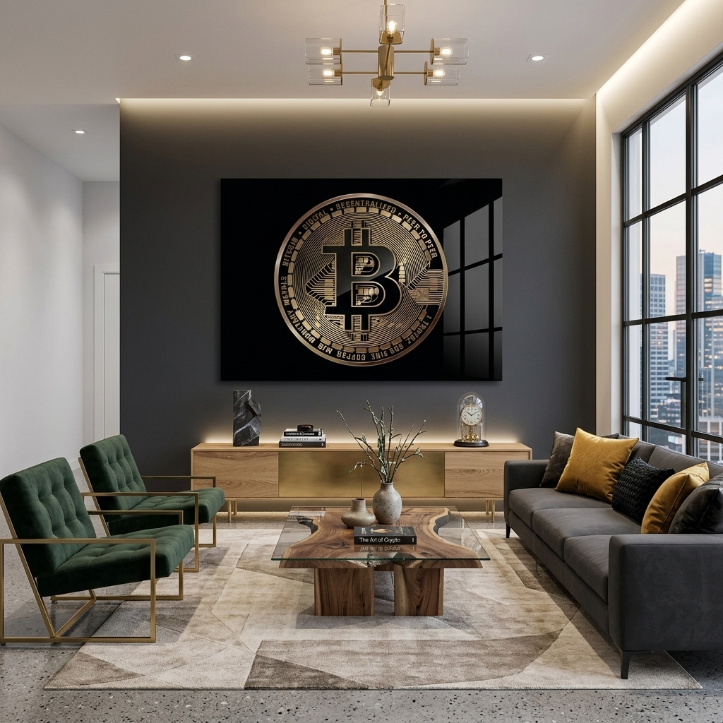 Bitcoin-Goldmünze auf schwarzem Hintergrund, inspirierender Kunstdruck auf Leinwand