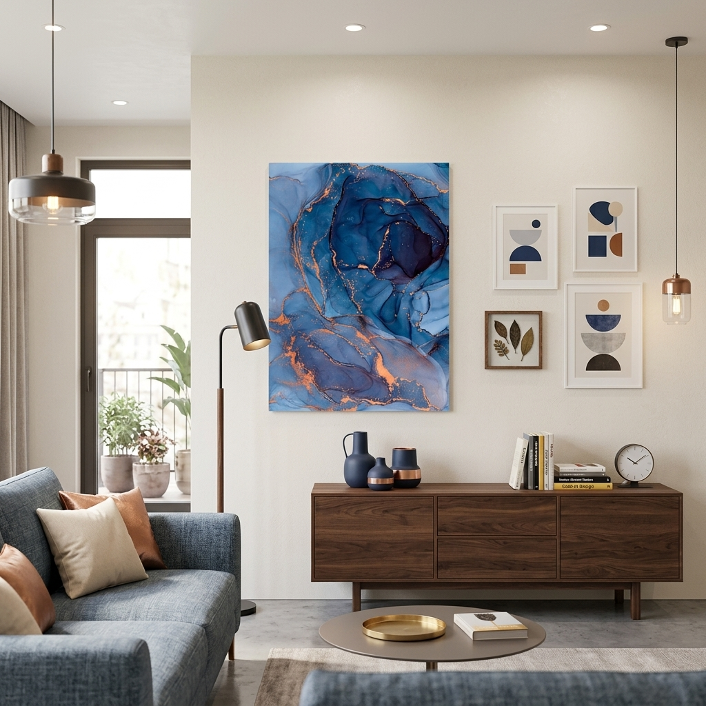 Marineblauer Kunstdruck auf Leinwand mit abstraktem Motiv