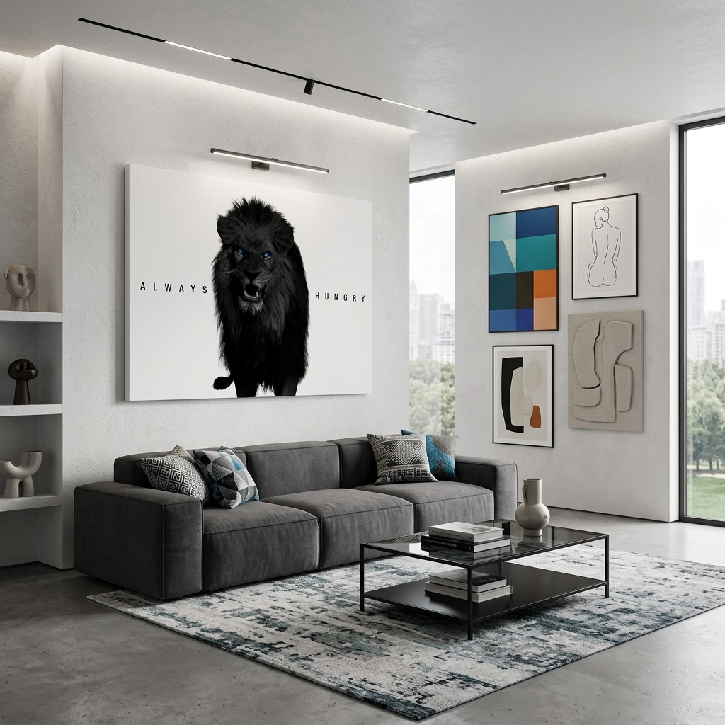 Der Löwe ist immer hungrig Motivierender Kunstdruck auf Leinwand