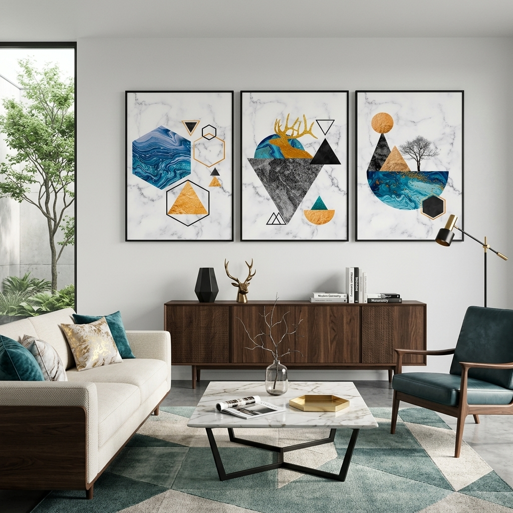 Modulare Figuren auf einem Marmorhintergrund, mehrteiliger Kunstdruck auf Leinwand