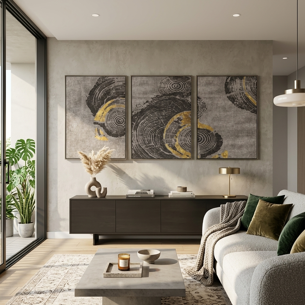 Modularer Kunstdruck auf Leinwand, abstraktes graues Holzmaserungsmuster, mehrteilig