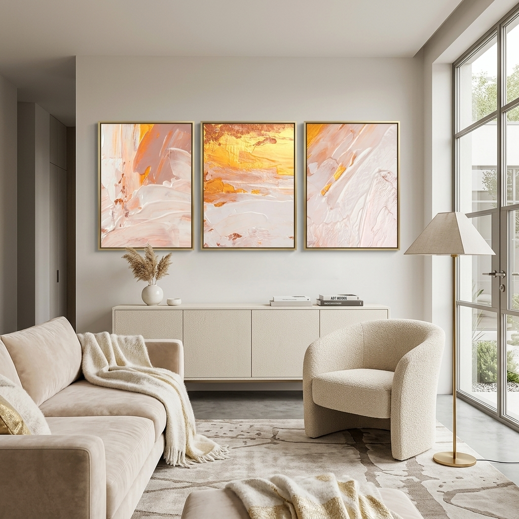 Modularer Kunstdruck auf Leinwand, mehrteilig, Puderfarben mit goldenen Elementen