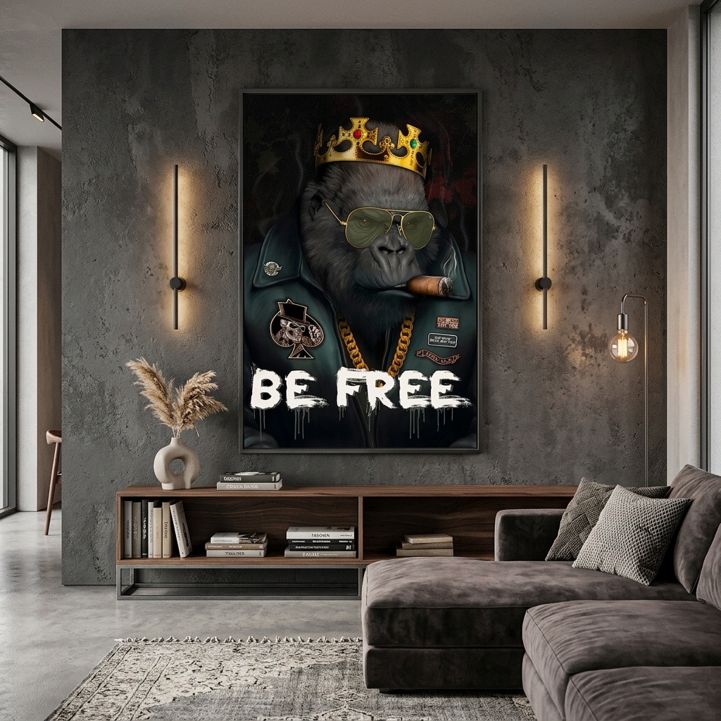 Schwarzer Affe in einer goldenen Krone Be free Motivierender Leinwand-Kunstdruck