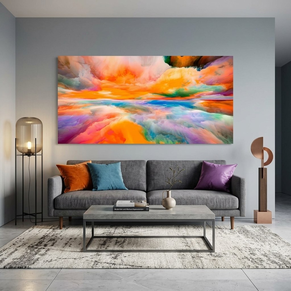 Regenbogen-Abstraktion mit einer zentralen orangefarbenen Farbe Abstraktion Leinwand Wand Kunstdruck