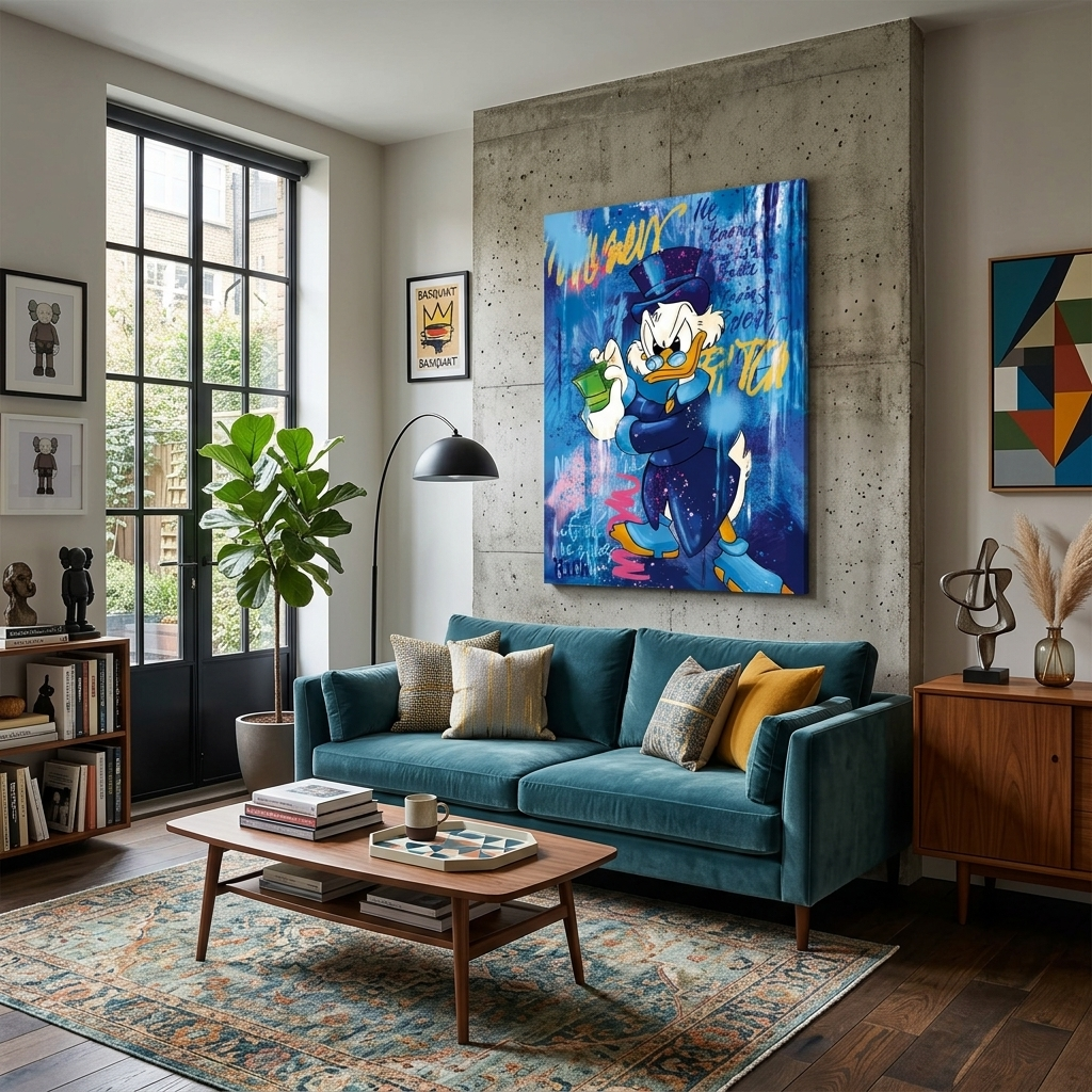 Scrooge mit einem Bündel Geld Inspirierender Kunstdruck auf Leinwand