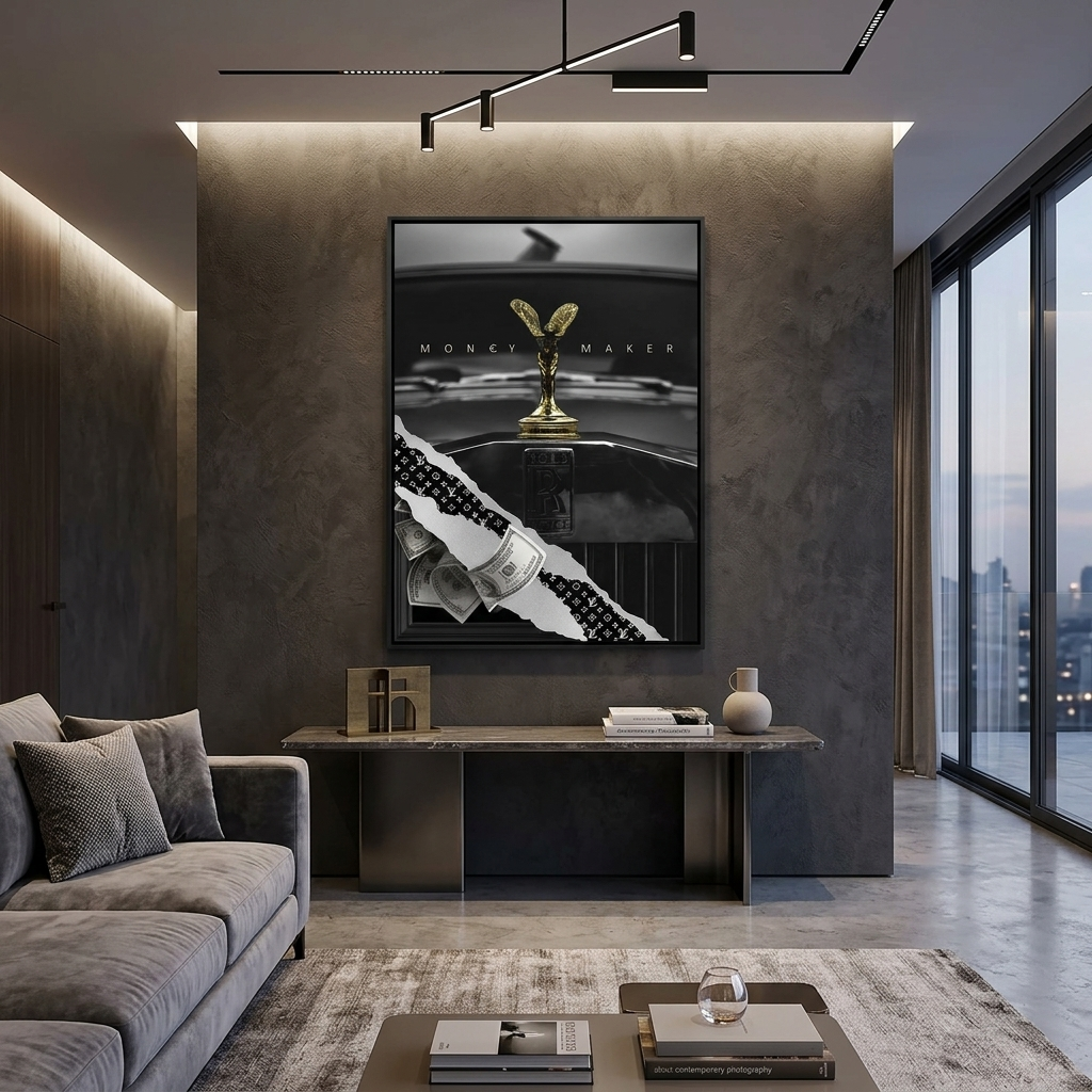 Money Maker with gray dollars Motivational Canvas Wall Art Print