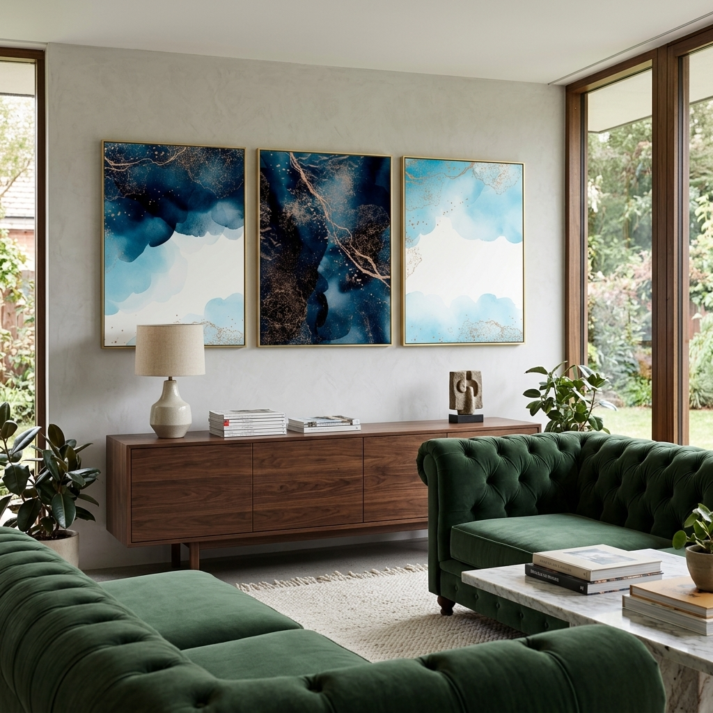 Modularer Kunstdruck auf Leinwand, abstrakt, Marineblau mit goldenen Elementen, mehrere Teile