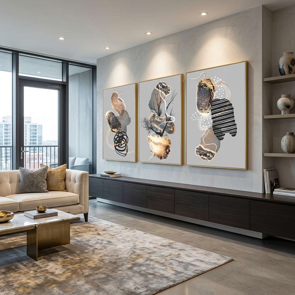 Modularer, mehrteiliger Kunstdruck auf Leinwand, abstrakt in Schwarz und Gold auf grauem Hintergrund