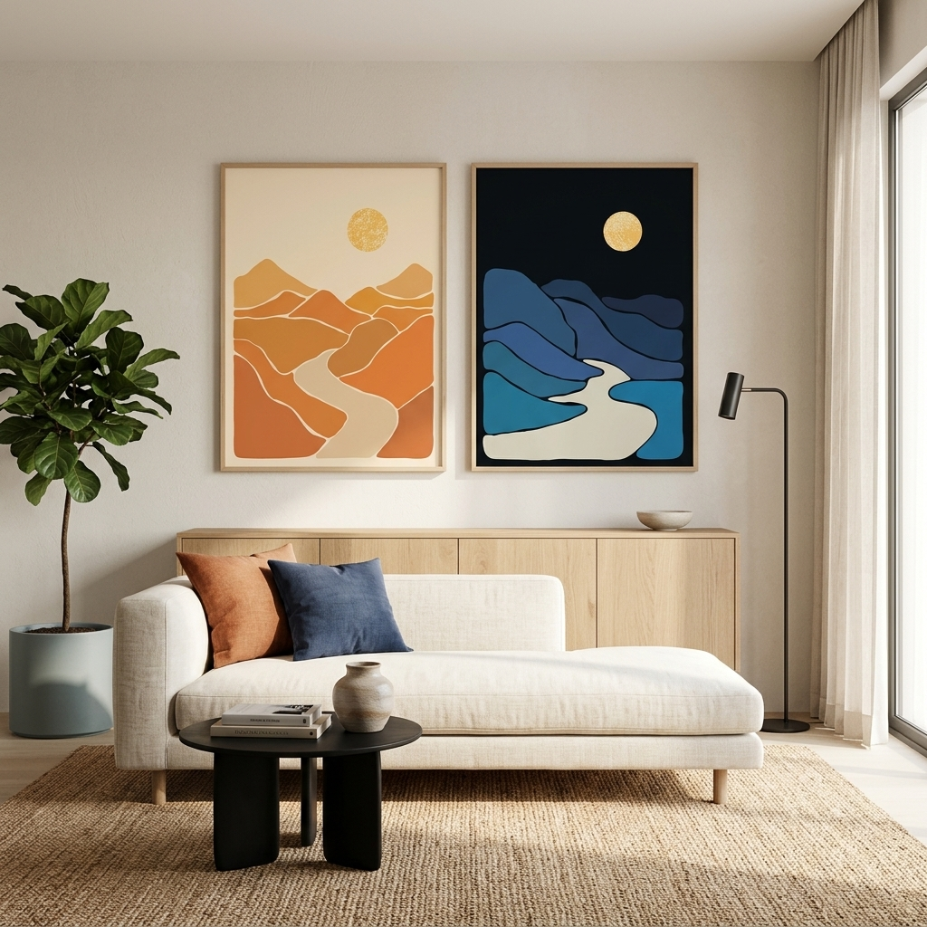 Modularer abstrakter Tag- und Nacht-Kunstdruck auf Leinwand, mehrere Teile
