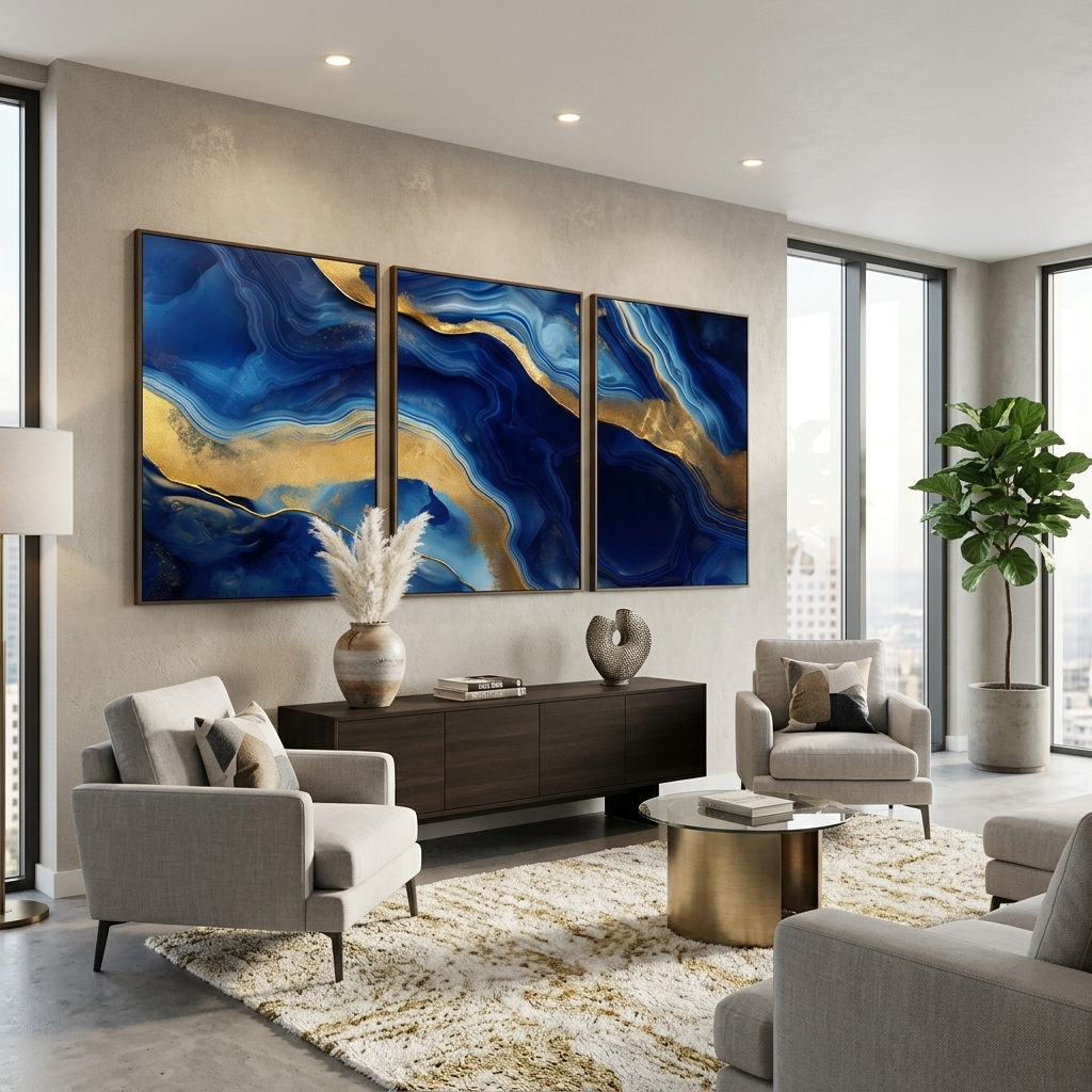 Kunstdruck auf Leinwand, mehrteilig, tiefblauer Marmor mit Gold
