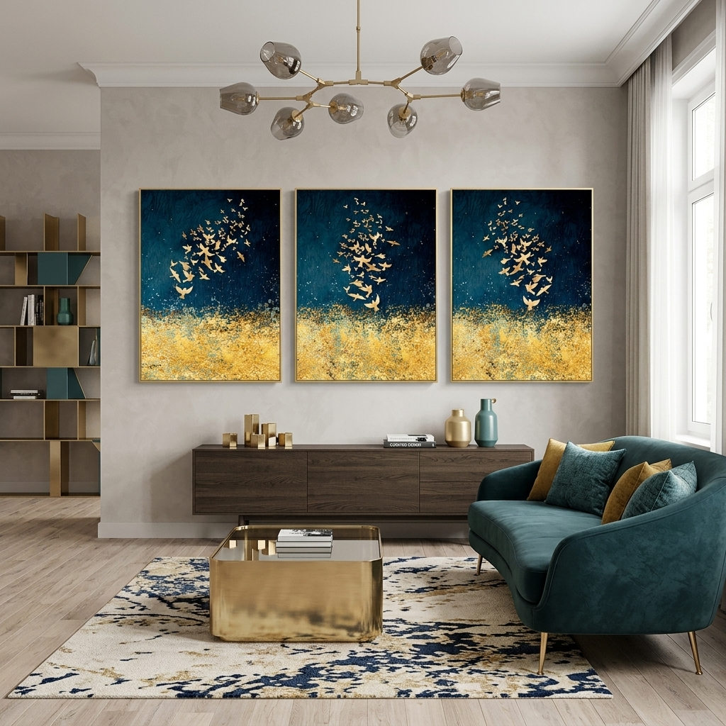 Modulare Abstraktion in Gold- und Blautönen, mehrteiliger Kunstdruck auf Leinwand