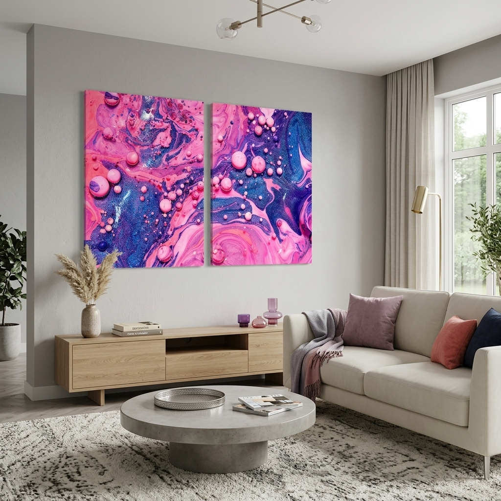 Modularer abstrakter Kunstdruck auf Leinwand, mehrteilig, Rosa und Blau