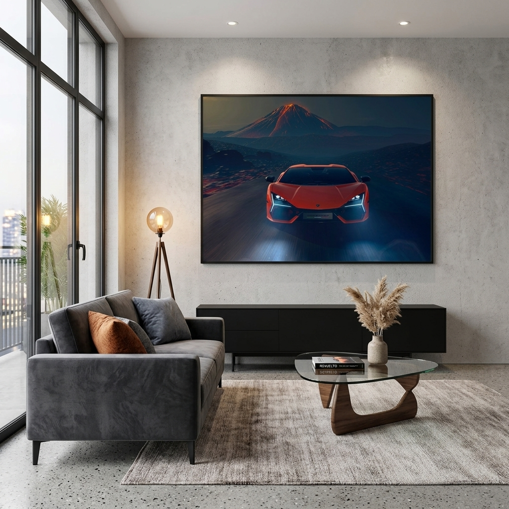 Leinwandbild, orangefarbener Lamborghini mit Vulkan im Hintergrund