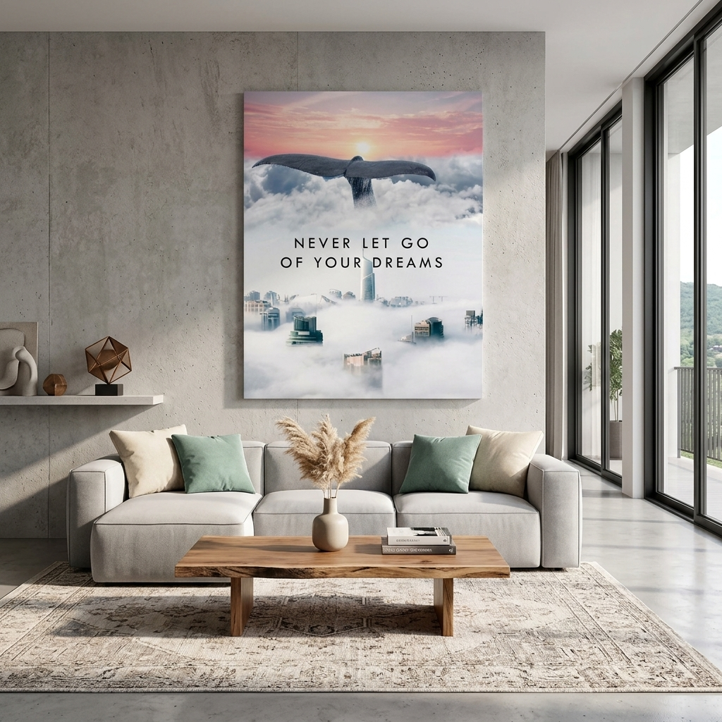 Walschwanzstadt und weiße Wolken, motivierender Kunstdruck auf Leinwand