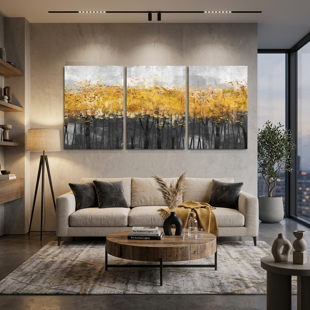 Modularer abstrakter Kunstdruck auf Leinwand, mehrere Teile, grau-gold