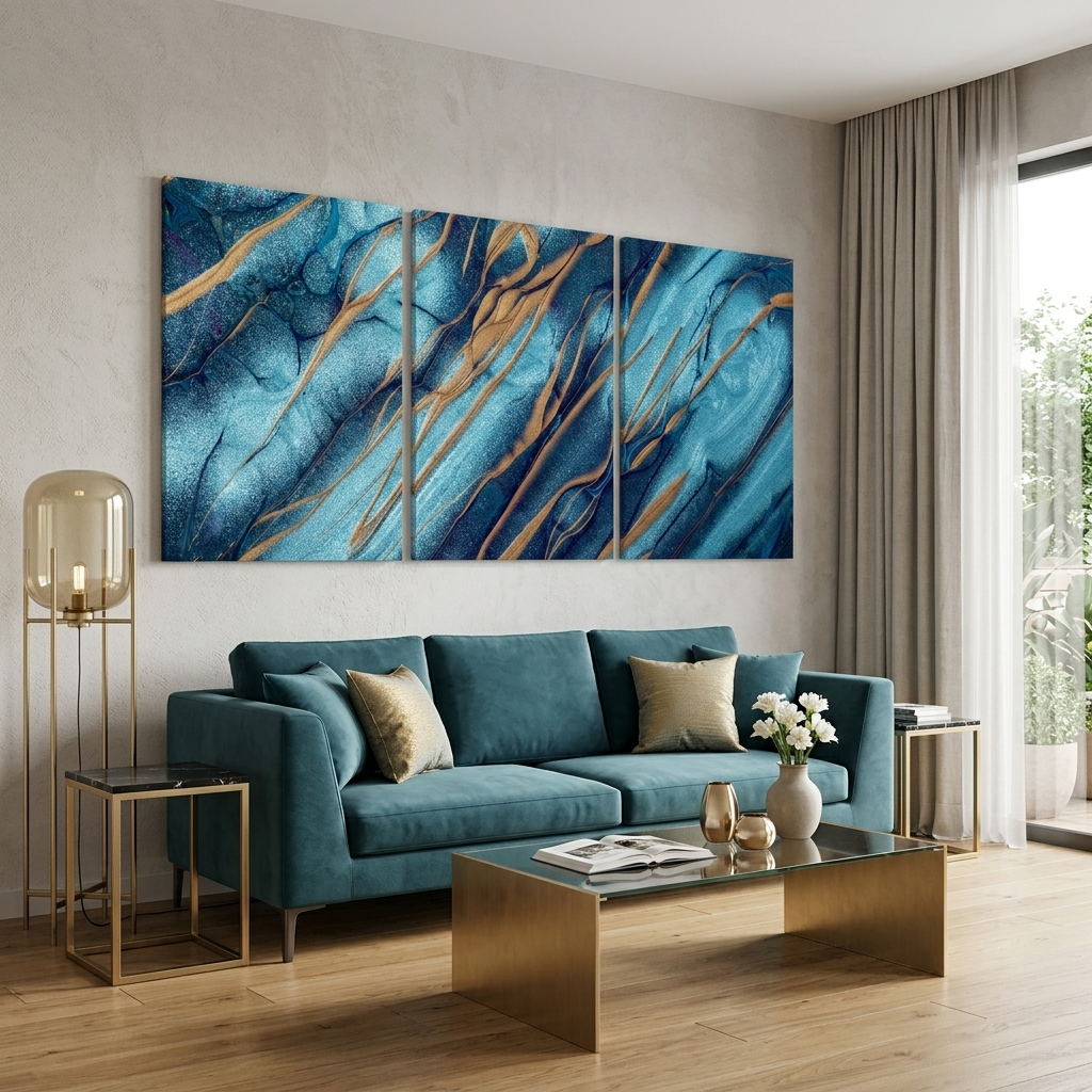 Modularer blau-blauer abstrakter Kunstdruck mit goldenen Elementen, mehrere Teile auf Leinwand