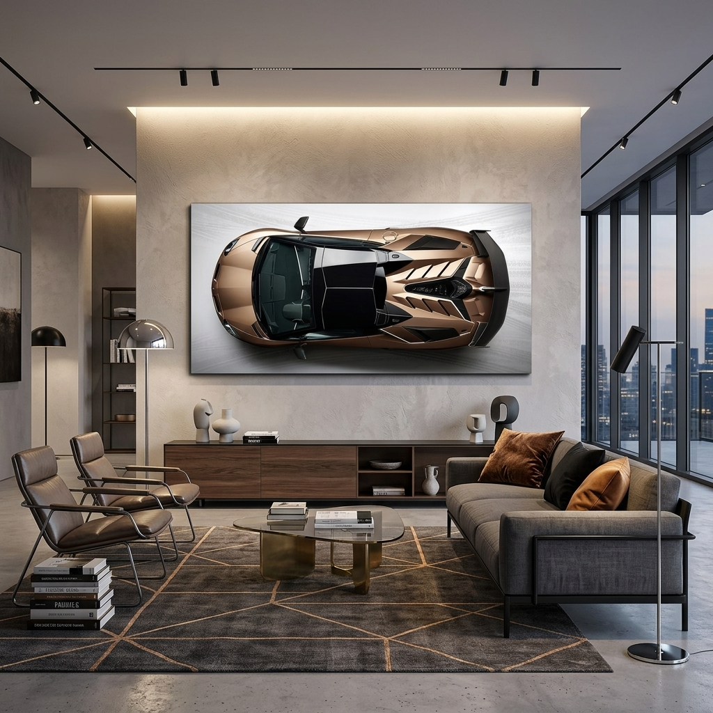 Das Auto ist ein brauner Lamborghini-Kunstdruck auf Leinwand.