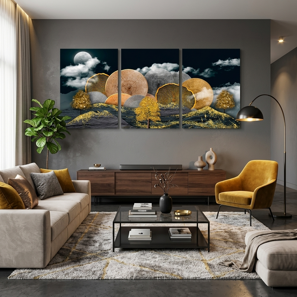 Modularer abstrakter Baum in Gold, mehrteiliger Leinwand-Kunstdruck