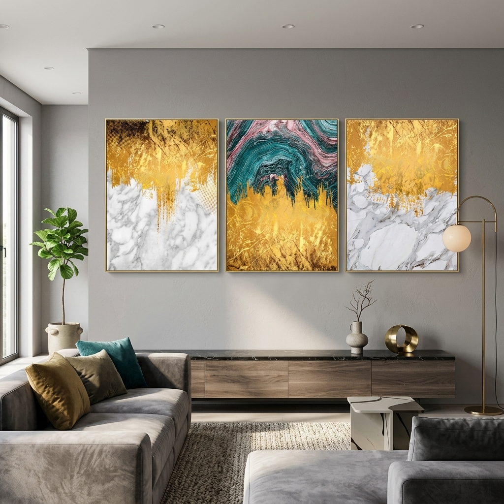 Modularer abstrakter Kunstdruck auf mehrteiliger Leinwand in Weiß, Grau und Gold