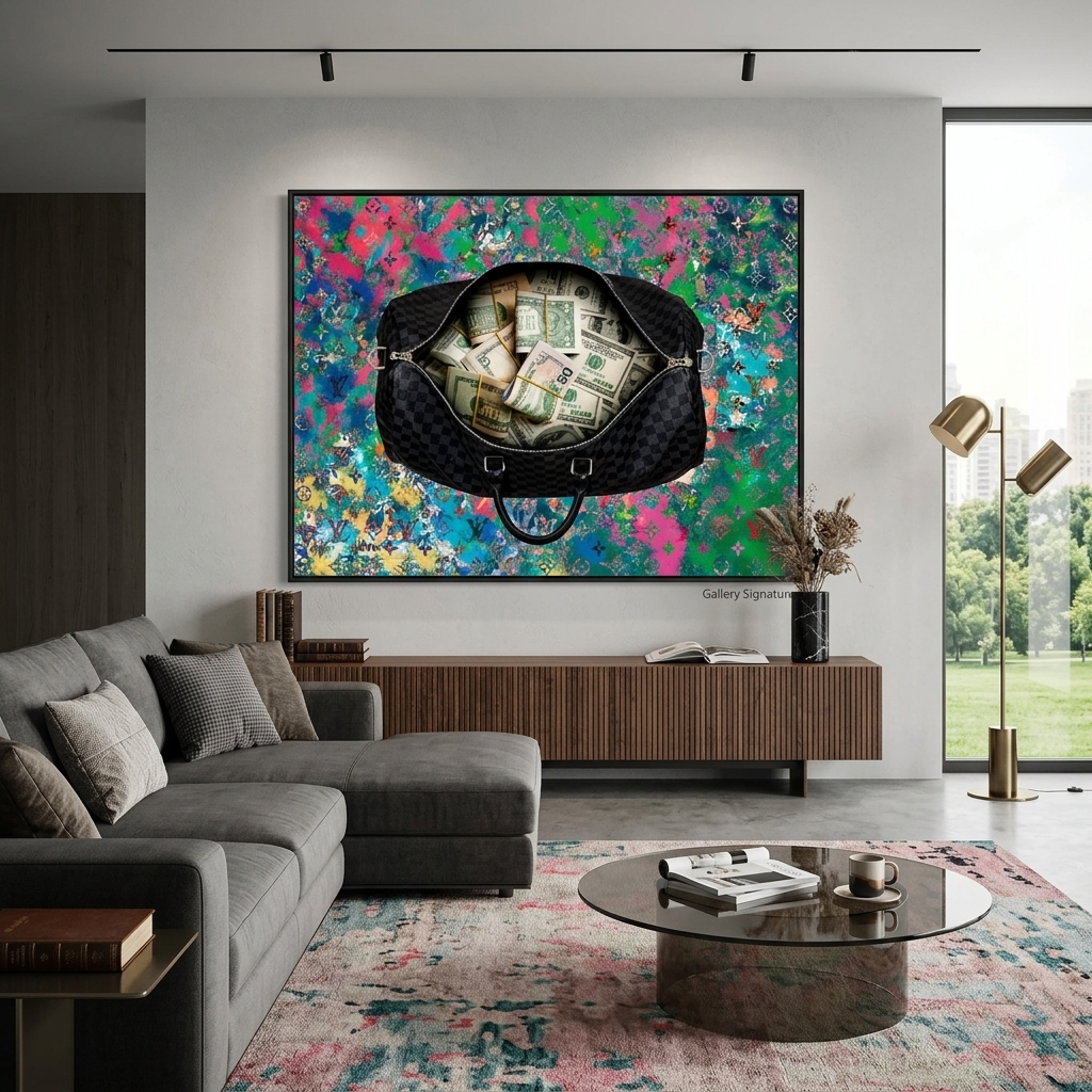 Eine schwarze Tasche mit Geld im Hintergrund von Graffiti Inspirierender Kunstdruck auf Leinwand